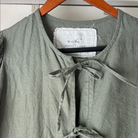 notPERFECTLINEN Melina Linen Tie Front Blouse Forest Green Coquette Small - Picture 3 of 6